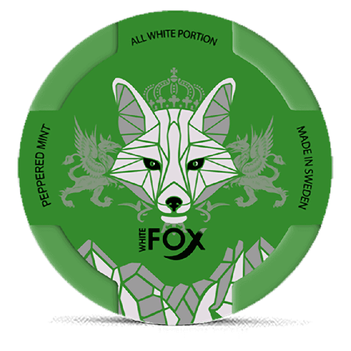 White Fox Peppermint nicotine pouch can, a mint profile with one of the longest flavor tails in the lineup