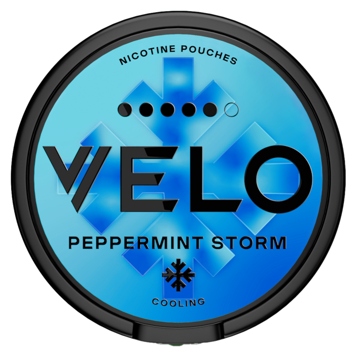 Can of VELO Peppermint Storm nicotine pouches