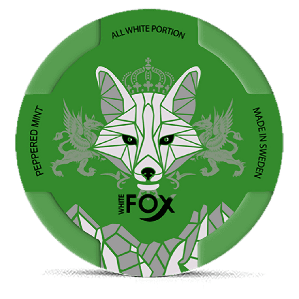 White Fox Peppermint nicotine pouch can, a mint profile with one of the longest flavor tails in the lineup