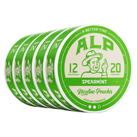 Five cans of ALP Spearmint 12mg nicotine pouches