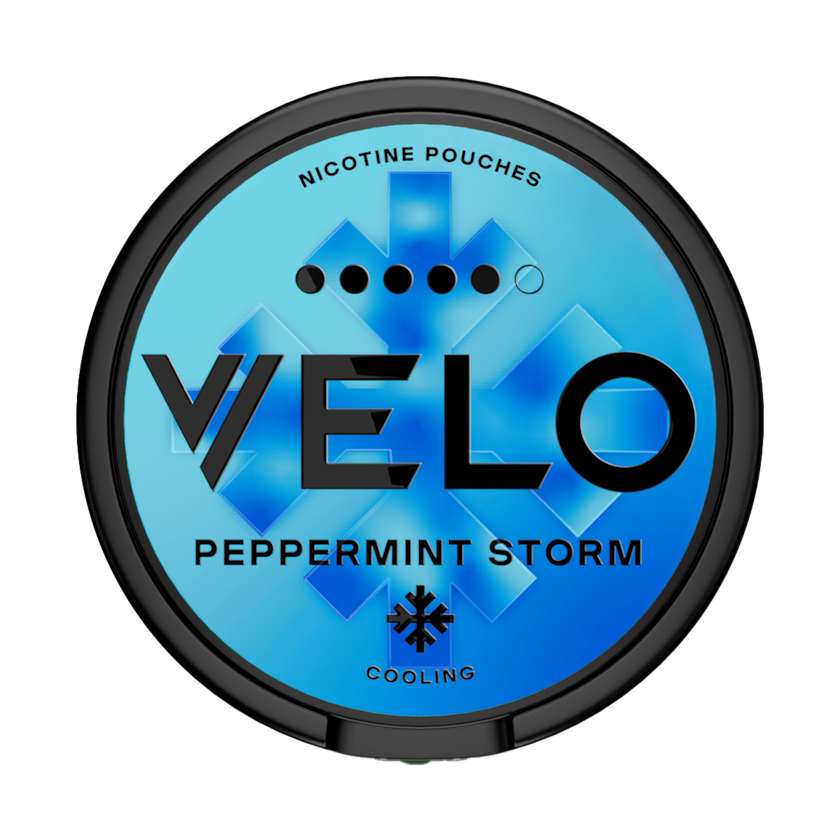 Can of VELO Peppermint Storm nicotine pouches (UK)