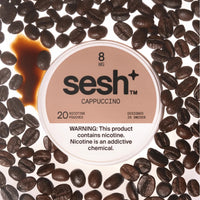 Sesh+ Cappuccino 8mg can among coffee beans