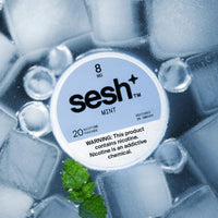 Sesh+ Mint 8mg can on ice with a sprig of mint