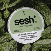 Sesh+ Wintergreen 8mg can on fresh mint leaves