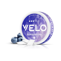 VELO Blueberry Ice 8mg can with blueberries and pouches