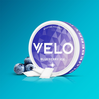 VELO Blueberry Ice can with blueberries and pouches