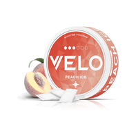 VELO Peach Ice 10mg can with a peach and pouches