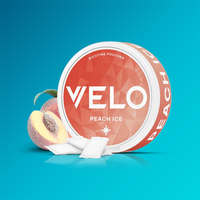 VELO Peach Ice can with a peach and pouches